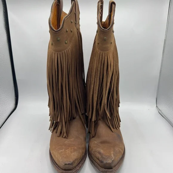 Old West Sz 8 Brown Leather Fringe Western Cowgirl Boho Boots - Picture 5 of 15